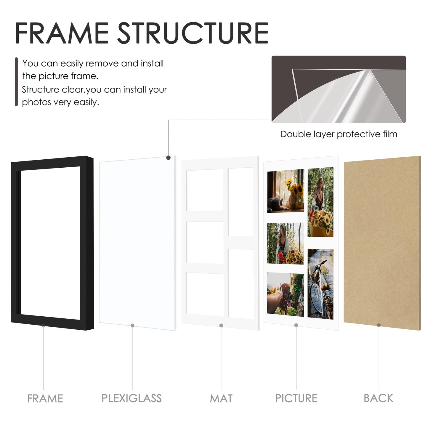 DUENPY 11x14 Collage Picture Frame, 4x6 Collage Picture Frame, Displays Five 4x6 inch Photos, or 11x14 (Without Mat) Wall Decor Wall Hanging or Tabletop, Black.