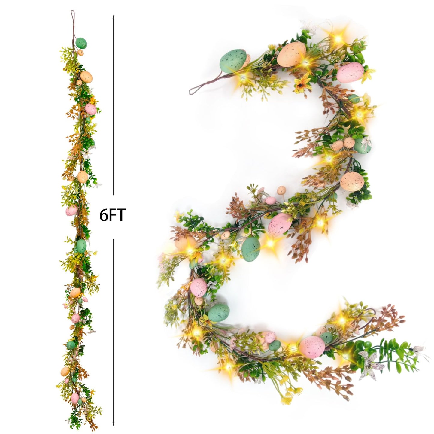 Tirdkid 6ft Lighted Easter Garland Festive Easter Decorations for Home & Outdoor, Spring Garland with Warm LED Lights for Mantle, Door, Fireplace, Table Centerpieces & Holiday Party