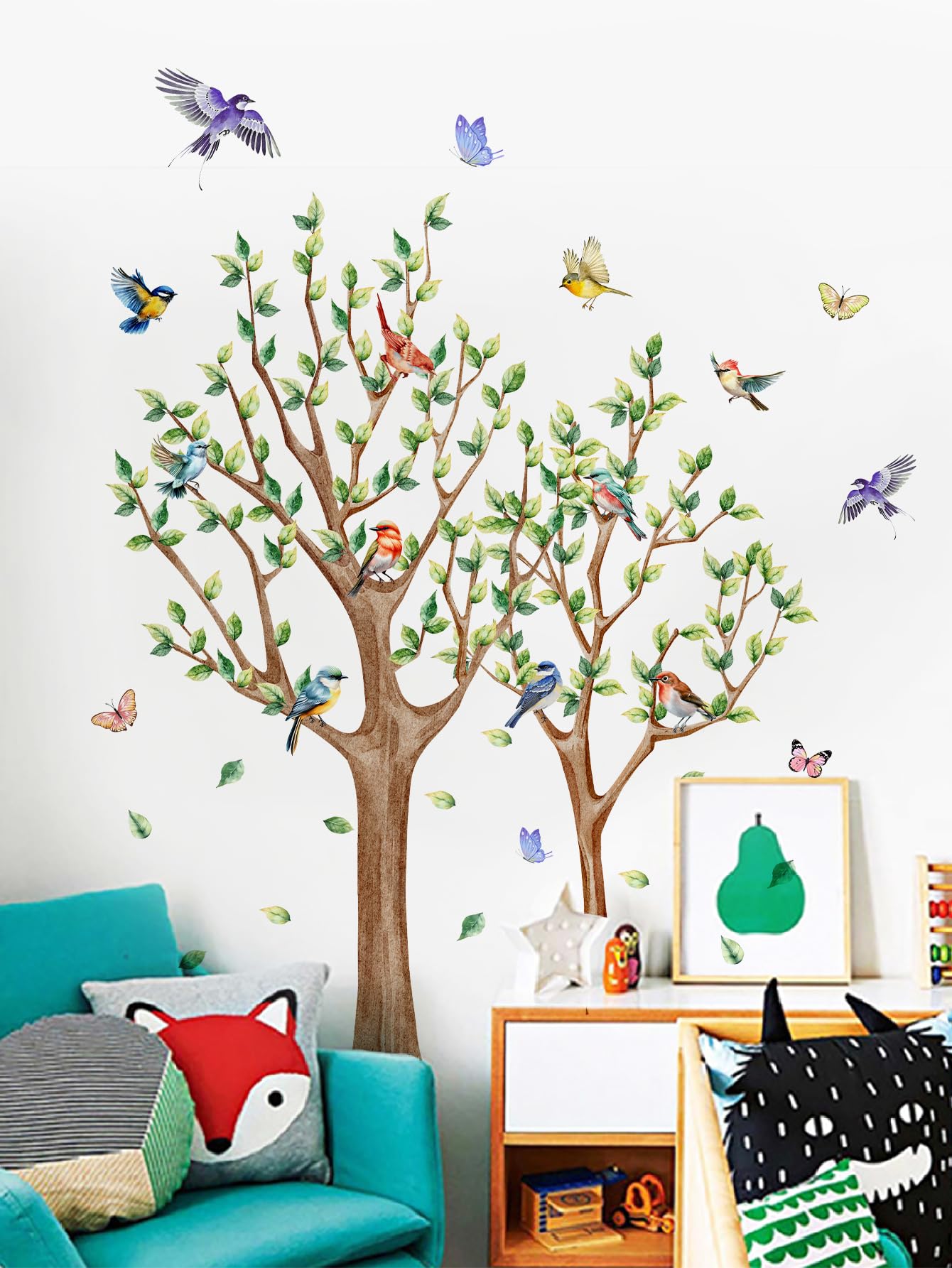 Tree Bird Wall Stickers - Green Flying Leaf Butterfly Vinyl Peel & Stick Removable Wall Art Decals Decorative for Living Room Kid Bedroom,83.54 cm x 78.79 cm