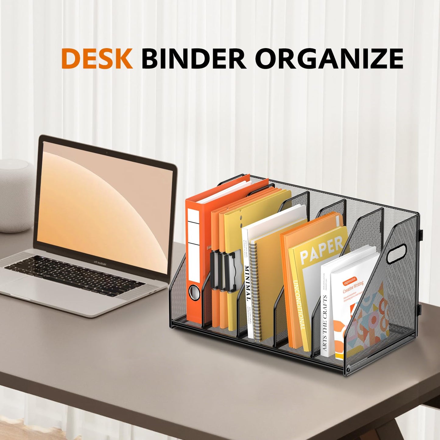 SUPEASY Binder Organizer, Magazine File Holder with 5 Vertical Compartments Rack, Metal Desk File Organizer & Binder Holders, Magazine Organizers for Office Desktop, Home, School, Classroom (Black)