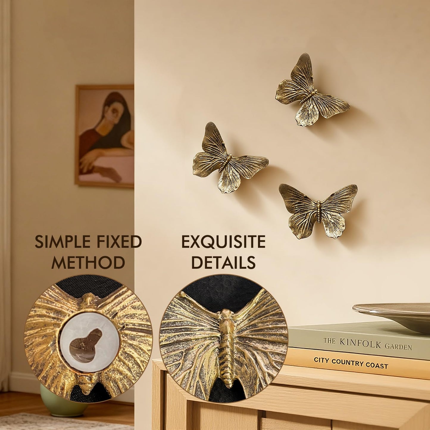 GUSFREUD 3D Butterfly Wall Decor Set – Resin Wall Decorations for Living Room, Bedroom, Garden, Yard, Outdoor and Gallery Walls - Antique Copper - Set of 3