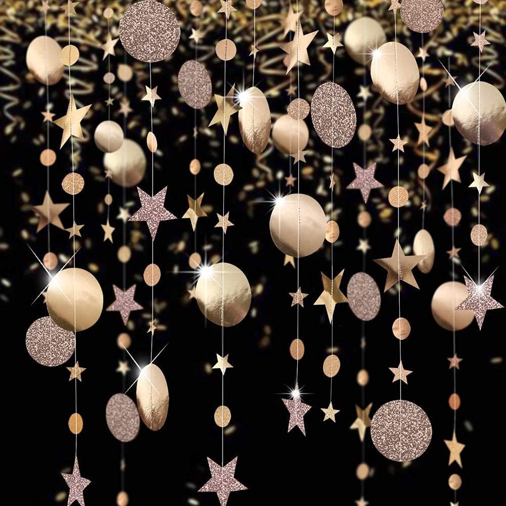 Decor365 Twinkle Star Garlands Champagne Gold Party Decorations Stars Banner Ceiling Hanging Decor Streamer Backdrop for Birthday Bachelorette Christmas New Year Eve Starry Night Theme Party Decor