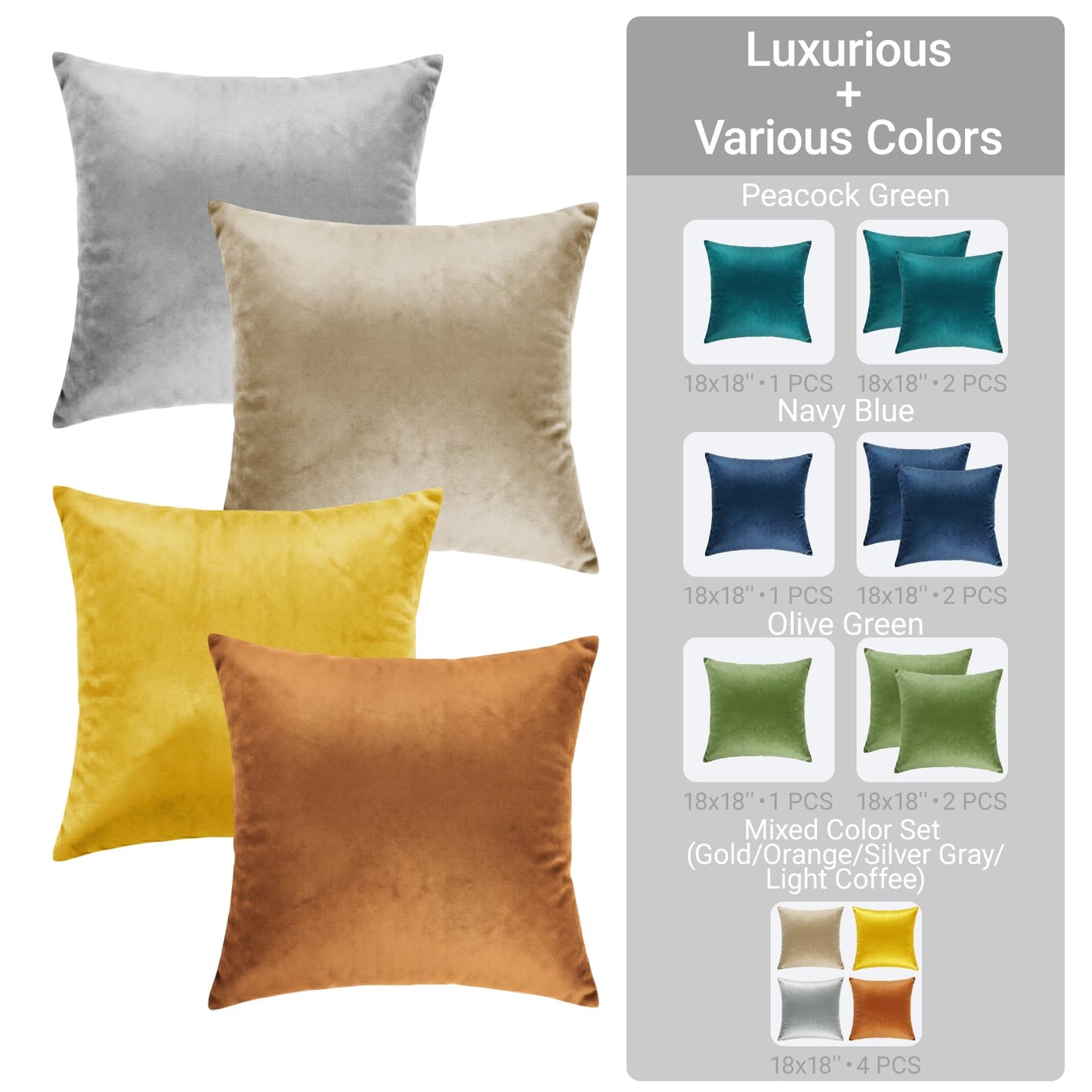 Q&J FABRIC CO. 4 Pack Velvet Decorative Throw Pillow Covers,Soft Square Cushion Case 18x18 Inch Pillow Covers for Living Room Couch Bed Sofa Outdoor Home Decor(Gold/Orange/Silver Grey/Light Coffee)