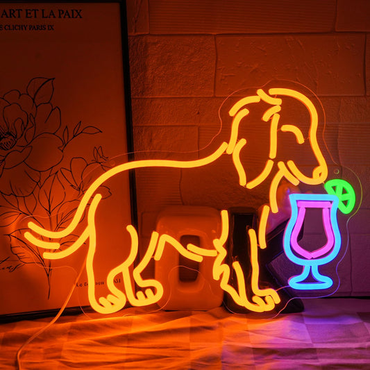 Gyaksjm Dachshund Drink Martini Neon Sign for Wall Decor Long Haired Dachshund Bar Neon Light Colorful Dog Drink Martini Led Light Dog Neon Light for Bedroom Man Cave Living Bar Room Shop Party