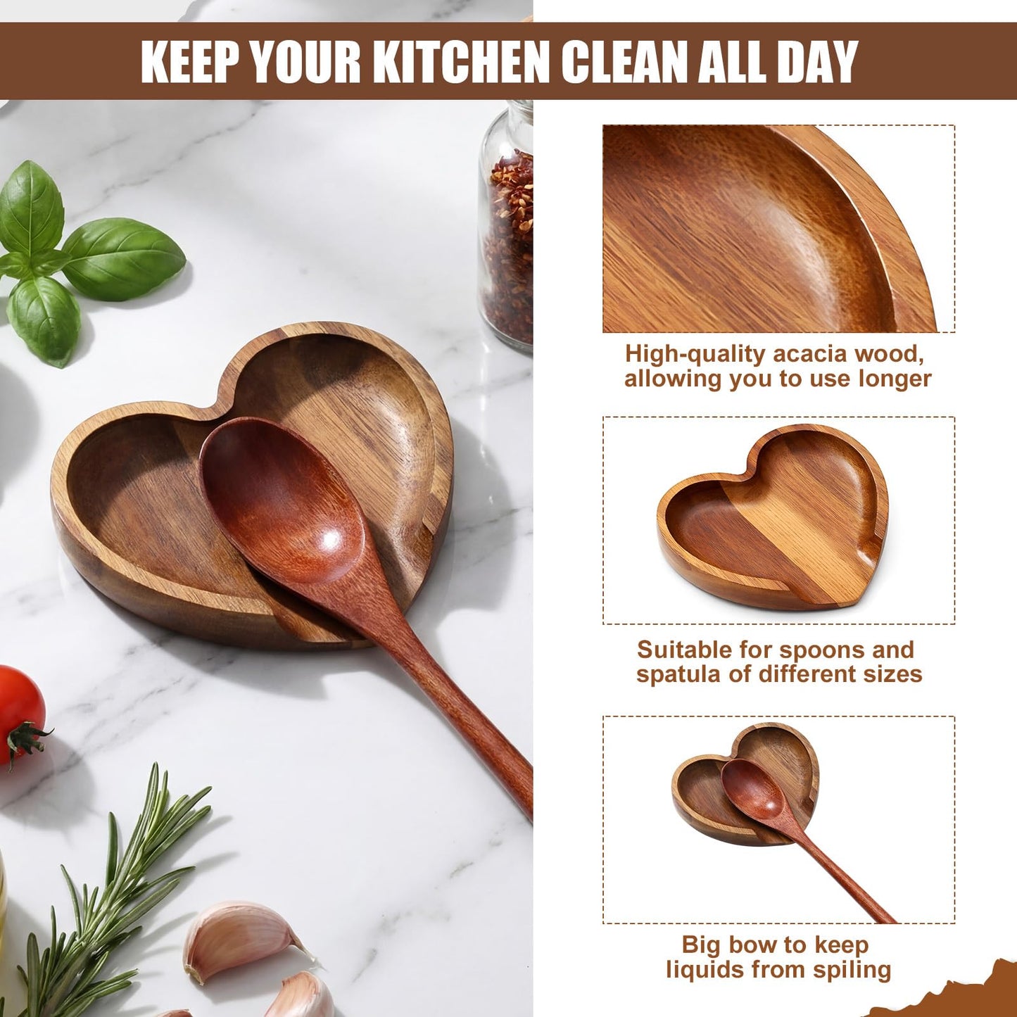 Baderke 1 Pcs 4.9 Inch Heart Shaped Spoon Rest Acacia Wooden Spoon Rest Holder for Kitchen Counter Stove Top Utensils Gifts Women Mom Mother's Day