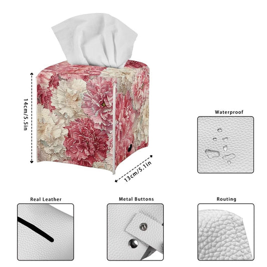 Baxinh Peony Print Tissue Box Cover - Home Decor Cube Tissue Box Holder - Pink, PU Leather with Bottom Belt
