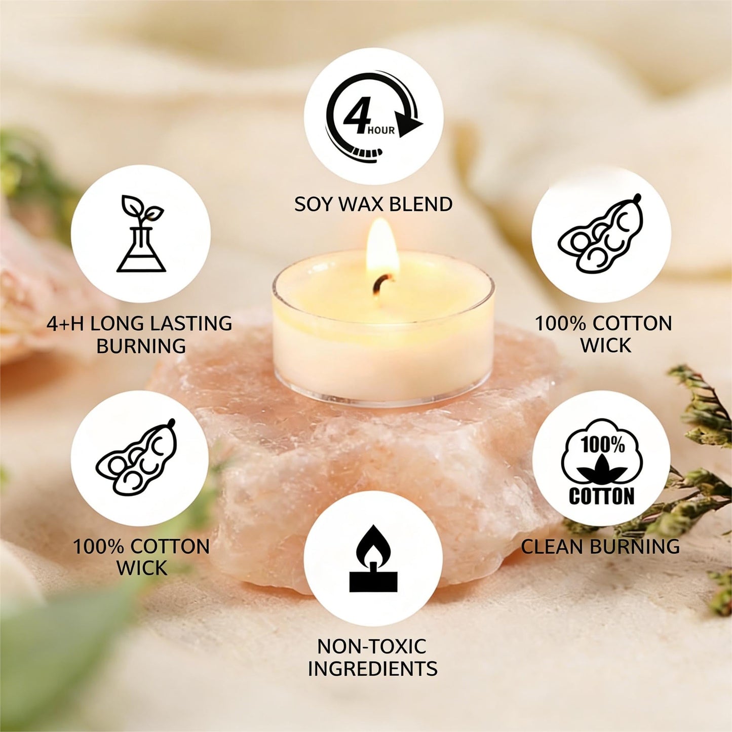 Soy Wax Tealight Candles 25Packs, 4 Hour Long Burning, Unscented White Smokeless Candles, Non-Toxic Paraffin-Free Clear Acrylic Cup Tea Lights for Weddings, Home, Emergencies & Dinner