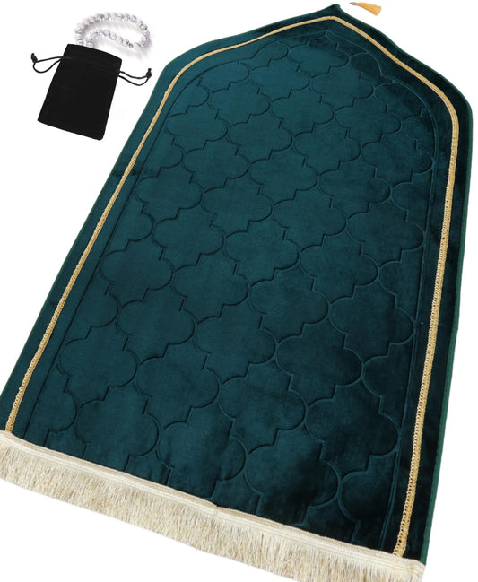 Islamika Prayer Mat Islamic Muslim Rug - Thick Padded mat Sajadah Men Women with Islam Prayer Beads for Eid Travel Ramadan, Soft and Padded (Green)