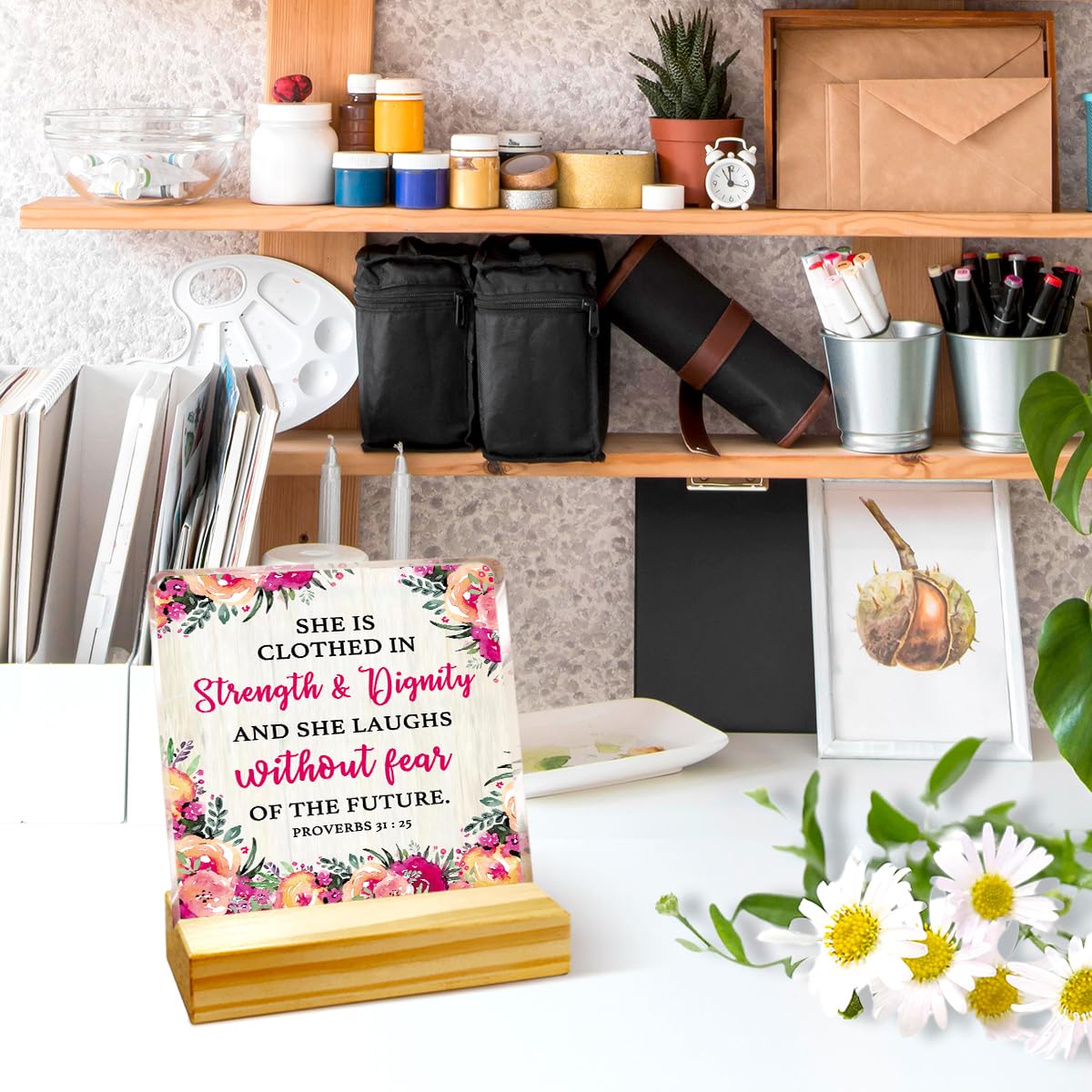 Christmas Gift For Women, Birthday Thanksgiving Christmas Gift, Acrylic Plaque With Wooden Stand Desk Decor, Proverbs 31:25 She Is Clothed In Strength And Dignity Sign