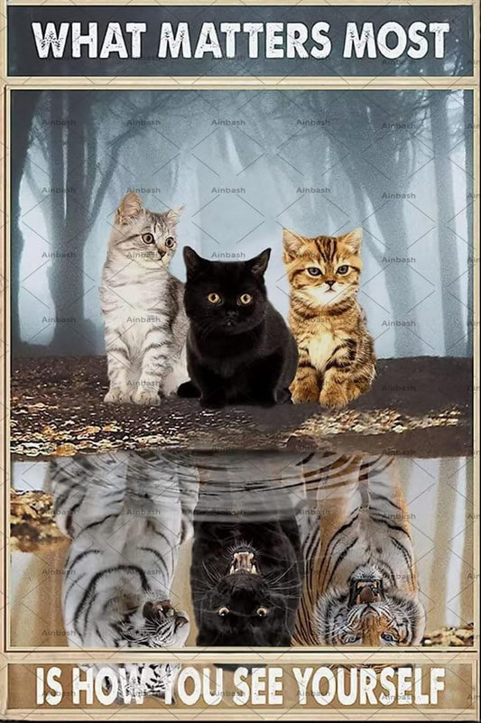 Black Cute Cat Metal Retro Tin Sign What Matters Most is How You See Yourself Vintage Inspirational Sign for Home Coffee Wall Decor Cafe Decorative Wall Signs Motivational Wall Art 8x12 Inch