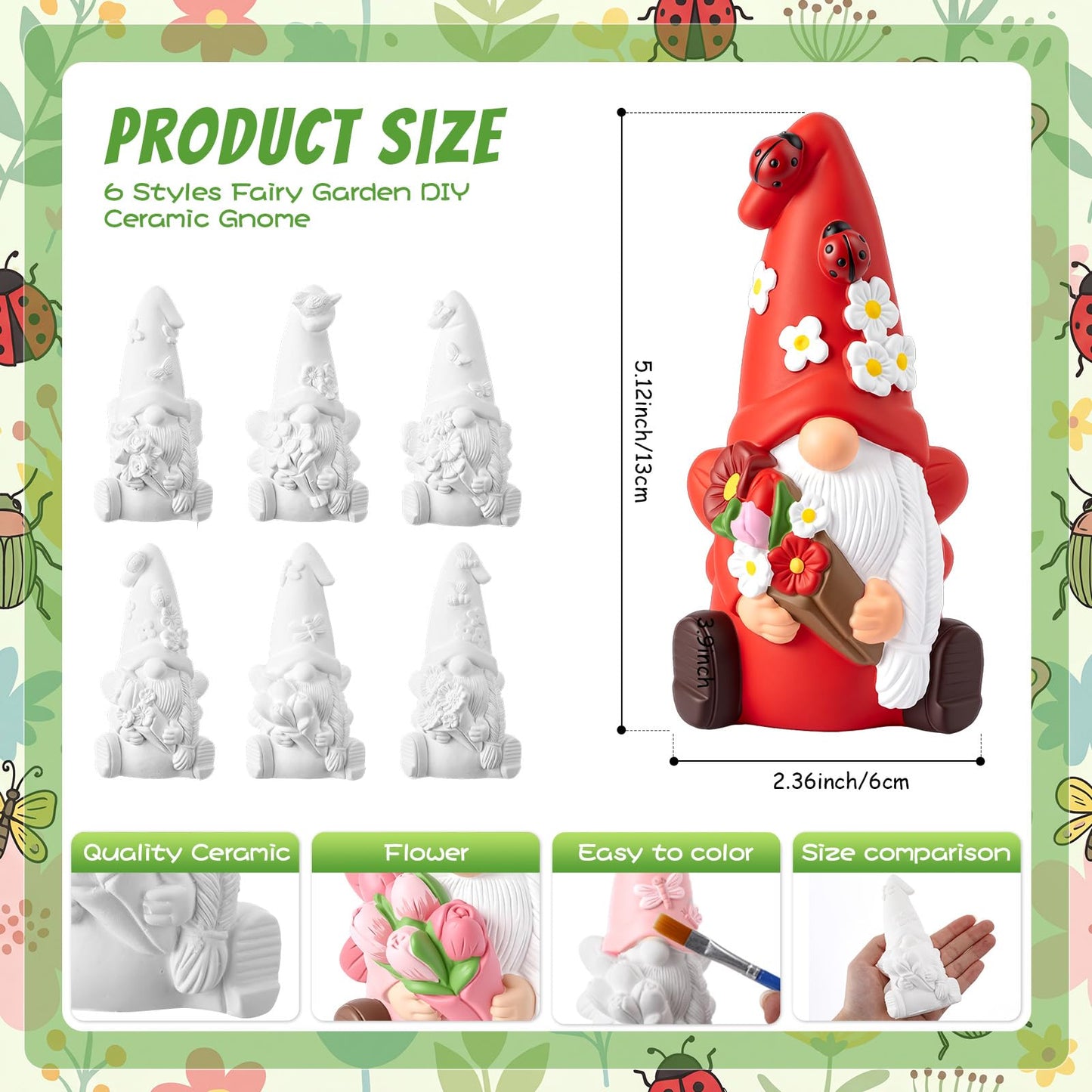 Arrowbash 6 Pcs Summer Ceramics to Paint Ready to Paint Your Own Gnome Statues 5.12 Inch Flowers Theme Paintable Figurines for Adults DIY Unpainted Ceramics Art Crafts with Brush Palette