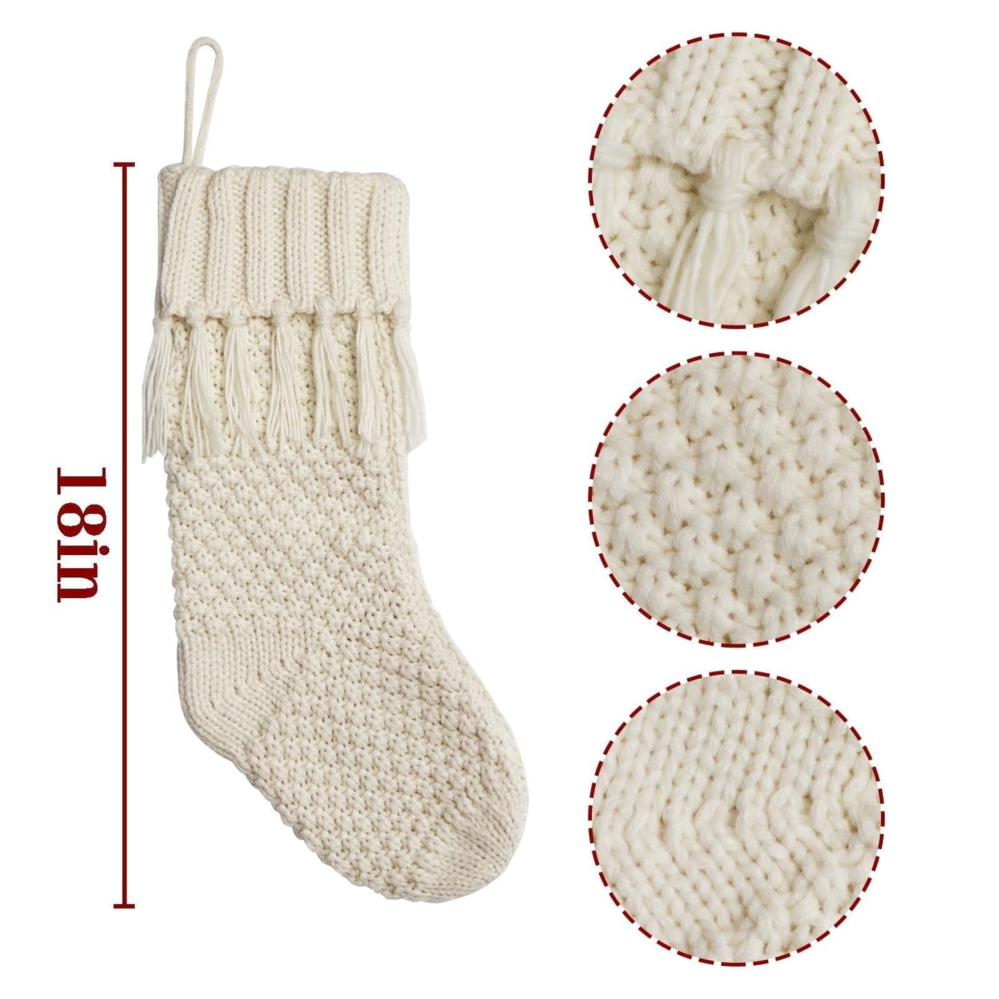Farmhouse Personalized Knitted Christmas Stockings, 3 Packs 18 inche Knit Christmas Stockings, Rustic Farmhouse Boho Style Stocking Decorations for Family Holiday Season Decor, White & Beige