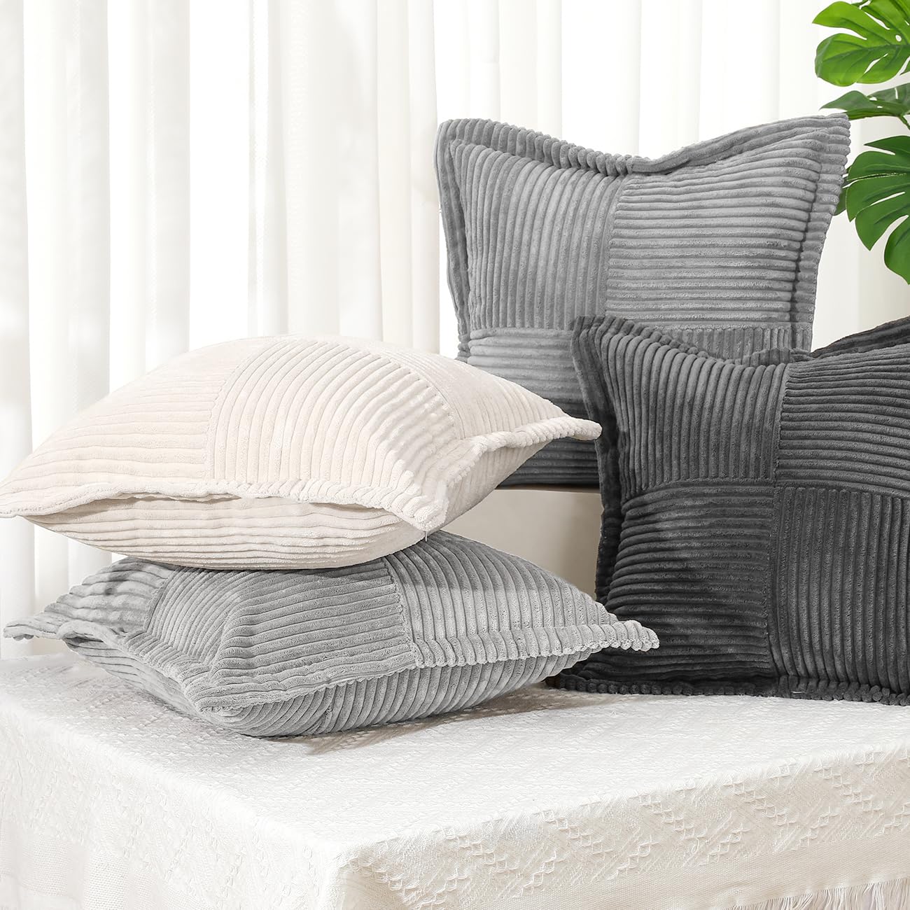 Lewondr Corduroy Throw Pillow Covers 18×18 Inch, 4 Pack Soft Square Throw Pillow Cases, Decorative Boho Striped Couch Pillow Covers for Living Room Bedroom Sofa Bed Office Cushion Cover, Gray