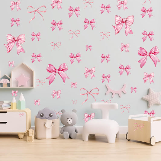 Pink Bow Wall Stickers, 8Sheets 46Pcs Bow Knot Wall Decals Watercolor Bow Wallpaper Peel and Stick for Nursery Kindergarten Girls Bedroom Coquette Room Décor