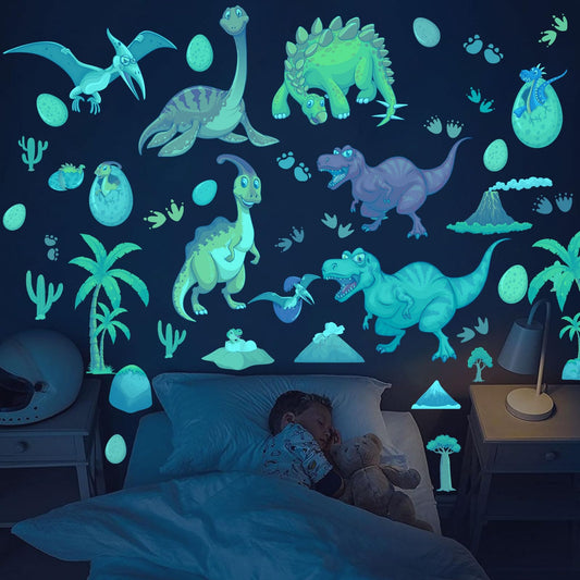 Glow in The Dark Dinosaur Wall Decals, Glowing Dinosaur Wall Stickers Colorful Large Removable self-Adhesive Decal for Ceiling Boys Bedroom Kids Baby Nursery Living Room Decoration