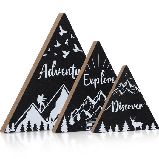 Jetec 3 Pcs 3 Size Wooden Mountain Sign for Cabin, Rustic Mountain Wall Decor, Adventure Camping Cabin Decor Sign for Living Room Bedroom Shelf Decoration(Black)