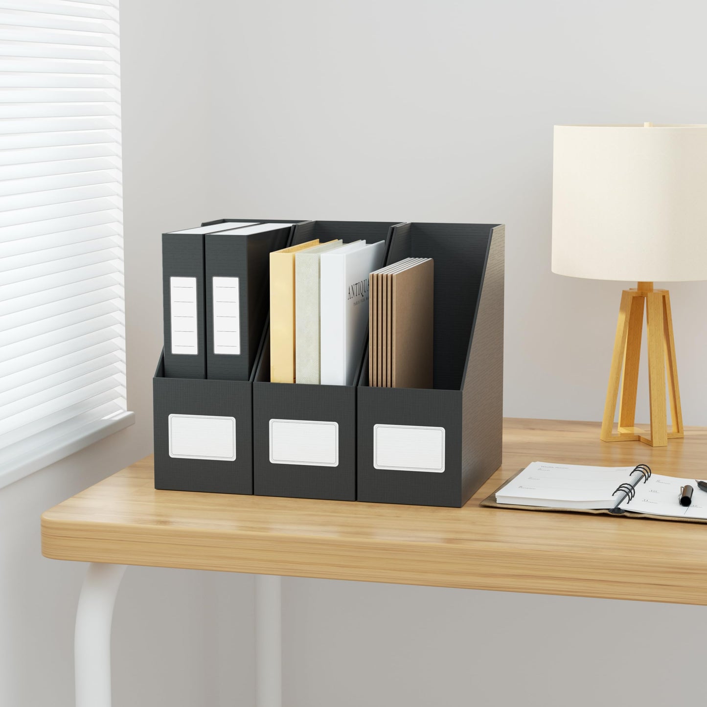 JiaWei Black Magazine File Holders, 3 Packs Sturdy Cardboard File Rack, Office Organization Desktop Storage File Box Binder for Shelves and Desk, Folder Holder for Office or Classroom