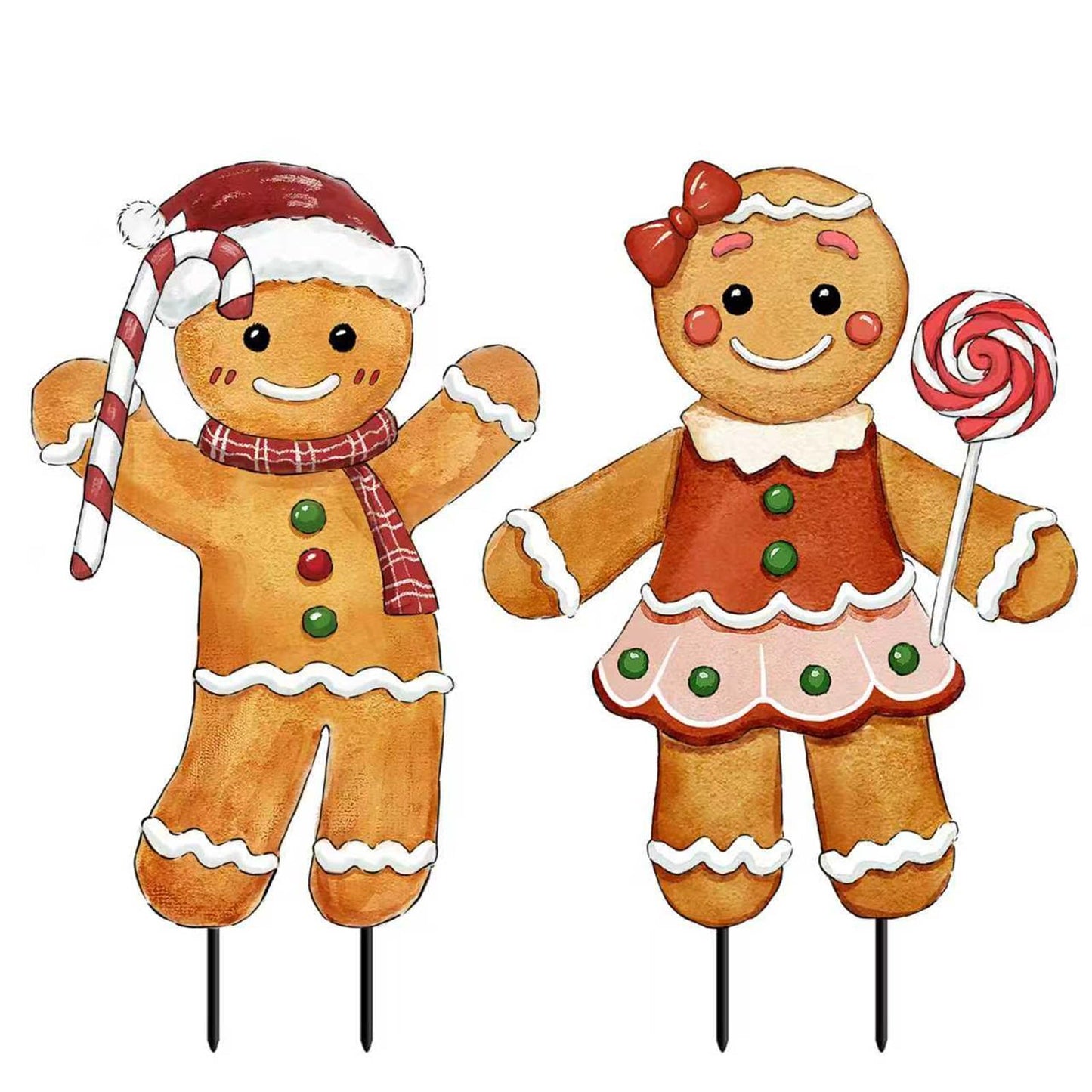 Christmas Decorations Outdoor, 2Pcs Gingerbread Man Metal Yard Signs with Stakes, Xmas Winter Signs for Garden House Lawn Pathway Patio Outside