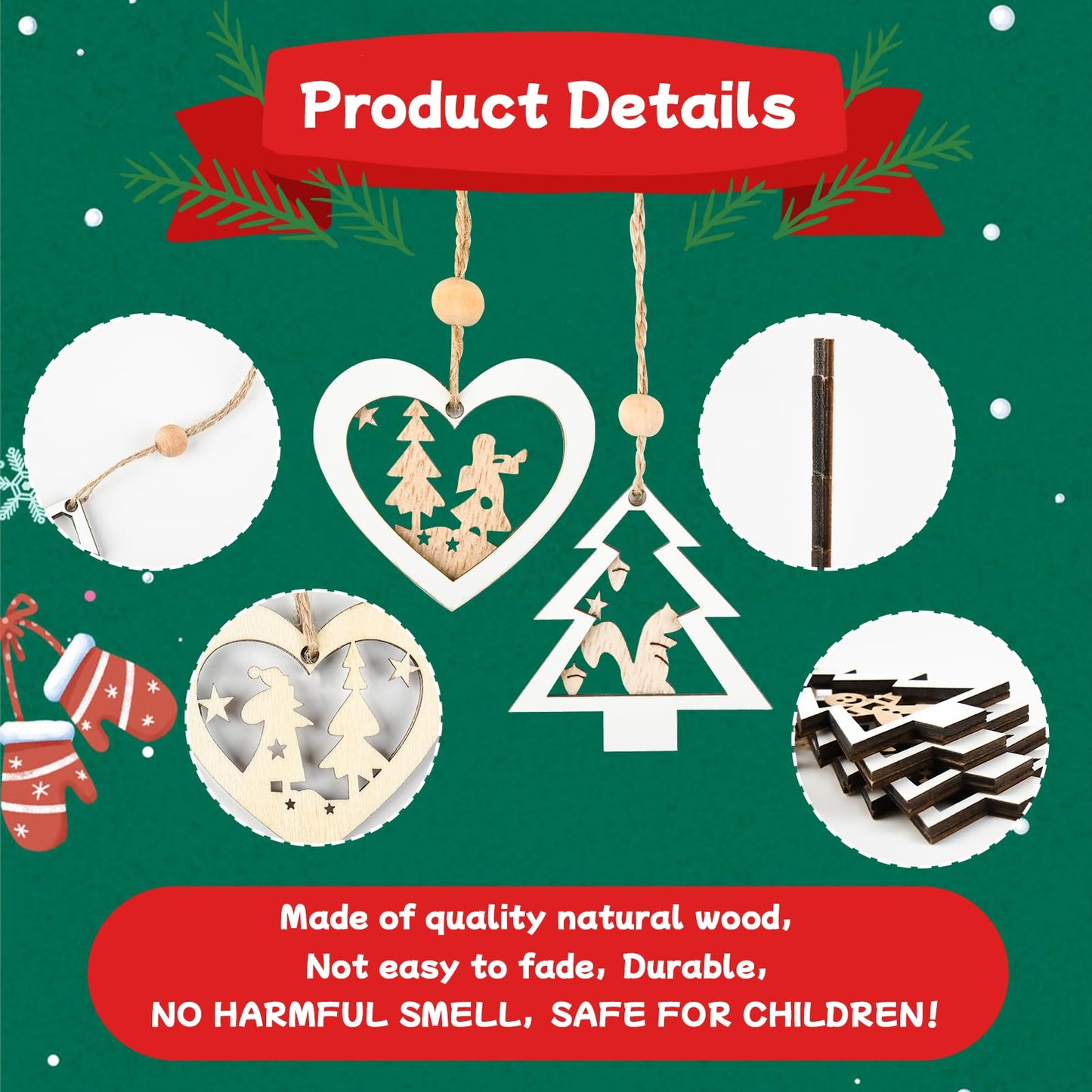 Christmas Tree Ornaments of Winter Wonderland, 24 Pack Christmas Wooden Hanging Craft Ornaments for 3D Rustic Farmhouse Christmas Decorations Gifts Home Party New Year Holiday Tree Decorations