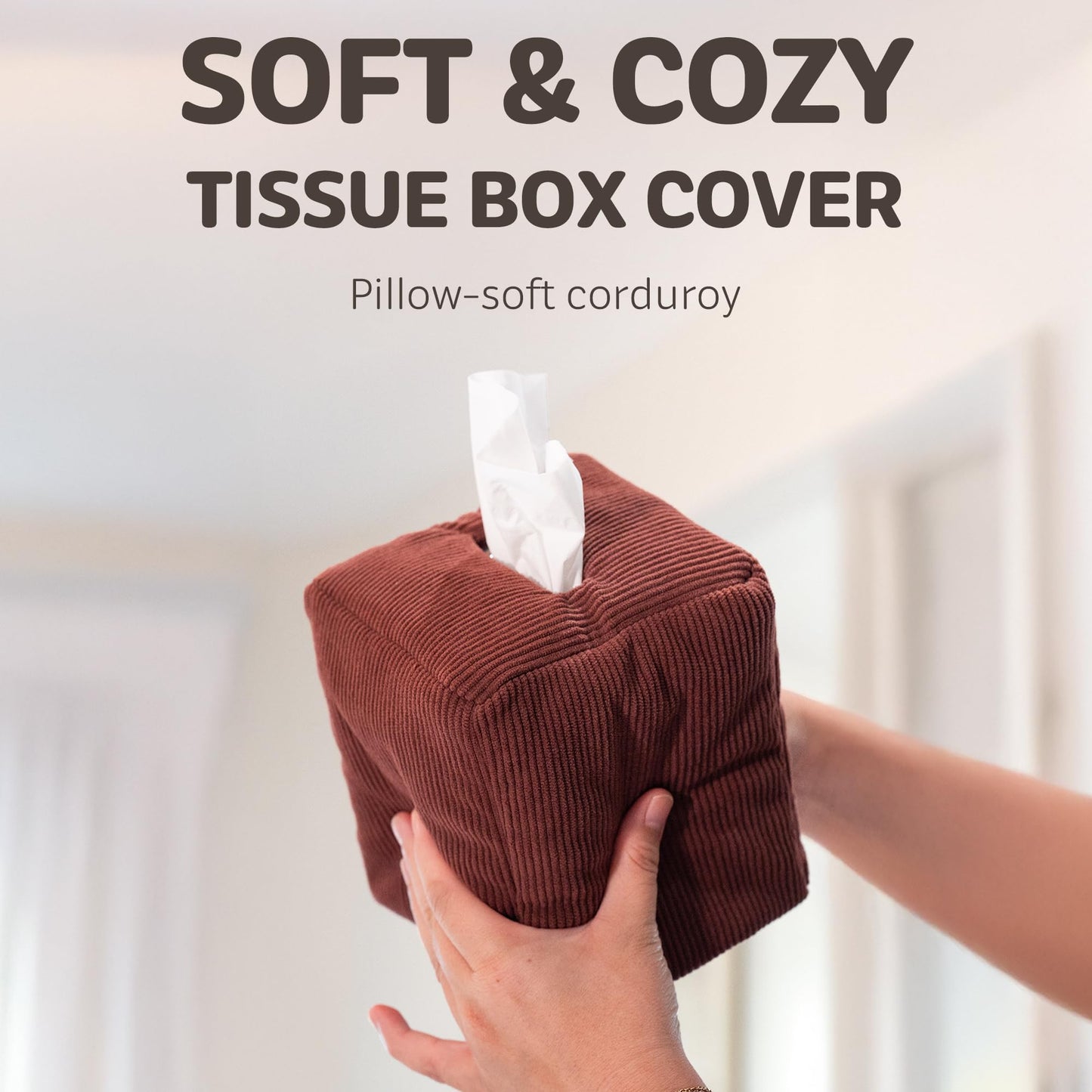 TOGI Corduroy Tissue Box Cover - Soft & Puffy Cube Design Adds a Warm, Cozy Touch - Soft Tissue Box Cover Square Fits Standard Square Boxes from Everyday Brands - Cozy Home & Office Decor (Brown)