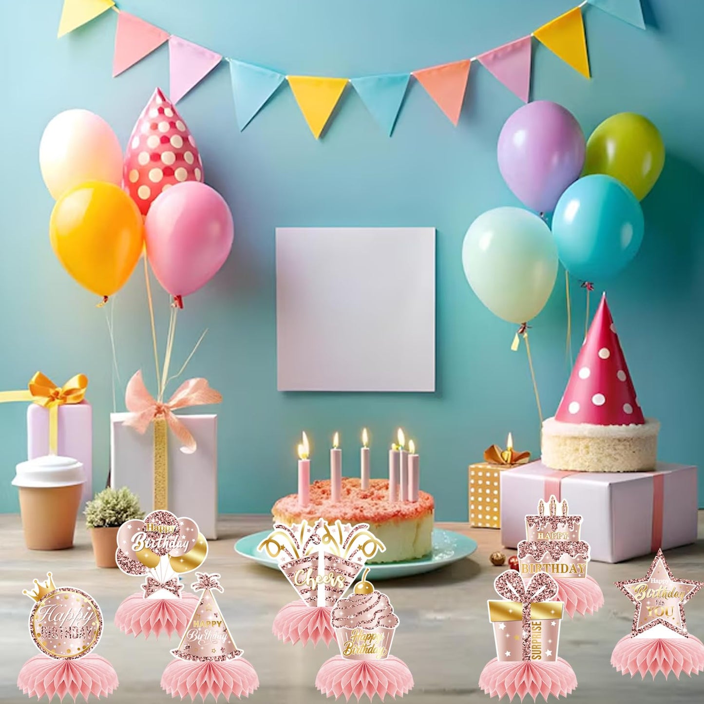 Pink Rose Gold Birthday Honeycomb Centerpieces Decorations Rose Gold Theme Party Table Centerpieces Women Girl Party Glitter Honeycomb Table Toppers Supplies