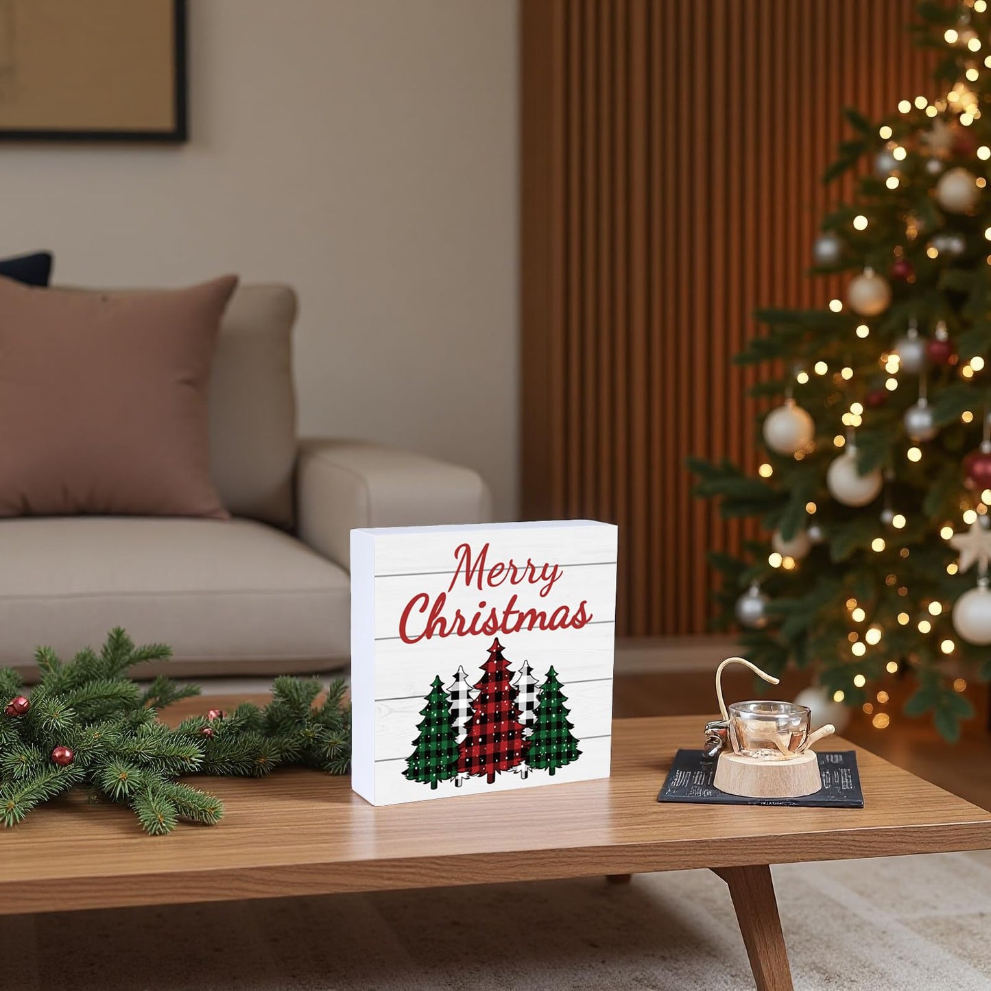 Christmas Decorations Indoor Christmas Decor Table Home Room Buffalo Plaid Tree Office Bathroom Wood Box Sign Rustic Wooden Shelf Desk Decor Season Sign House Warming Gifts 5.9 x 5.9 Inch