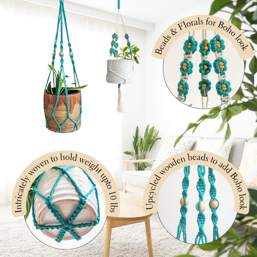 Set of 2 Macrame plant hanger with Daisies & Beads | Hanging plant holder Macrame Plant hangers outdoor and indoor hanging planters Plant stand indoor Boho Decor hanging planter stand (Ocean Teal)