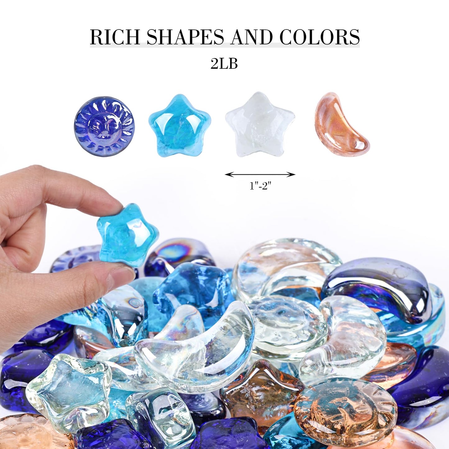 DomeStar 2 LB Glass Beads, Decorative Marbles for Vases, Sun Moon Stars Flat Marbles Glass Gem for DIY Aquarium Vase Fillers(35-40pcs)