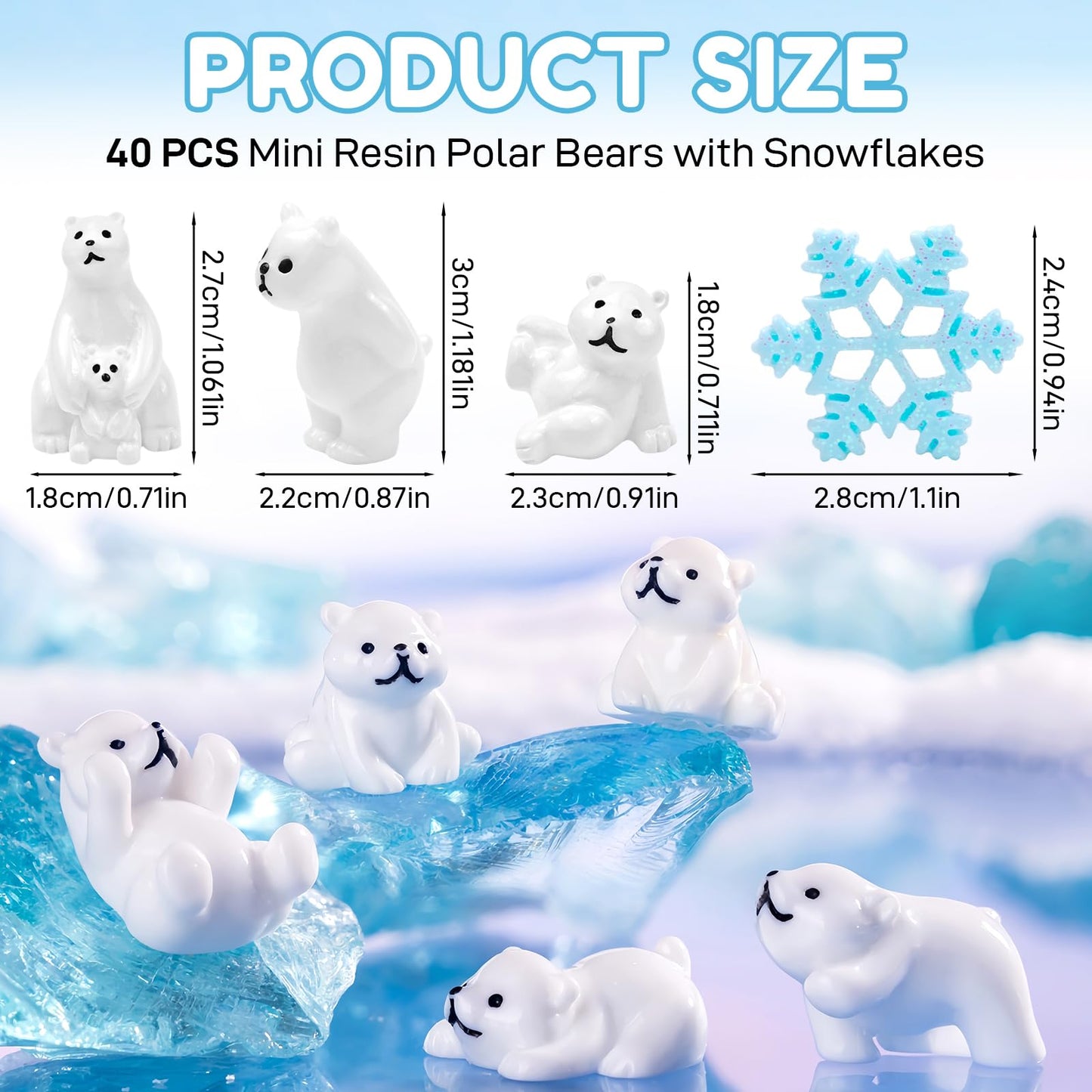 Feivando 40 Pcs Mini Resin Polar Bear Figurines with Snowflakes Tiny Little Winter Resin Animal Miniature Figures for Holiday Crafts Garden Micro Landscape Home Table Decor
