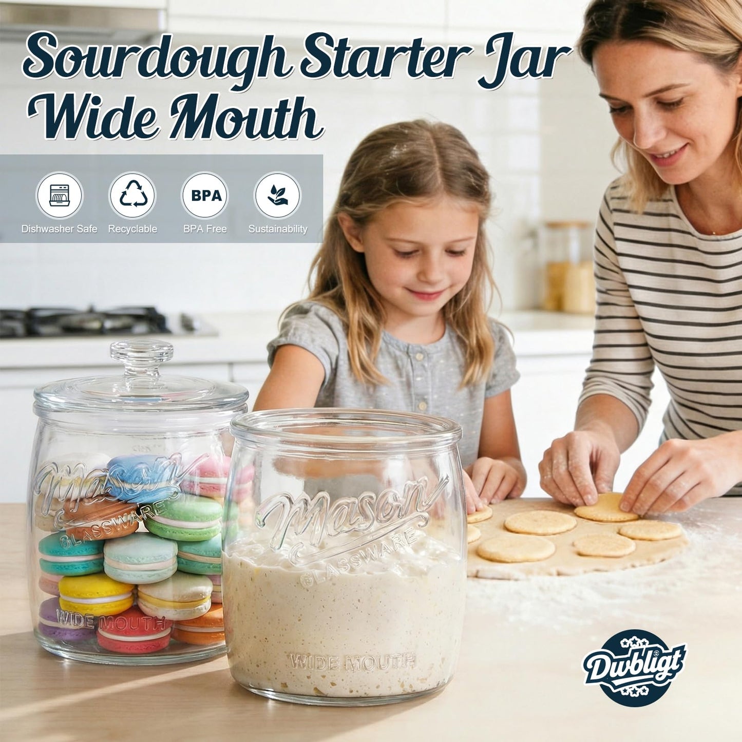 Dwbligt Half Gallon Cookie Jar, Glass Flour Sugar Storage Container for Kitchen Pantry & Laundry Room,Wide Mouth Mason Jar for Sourdough Starter, Candy, Flour, Dog Treats, Coffee - Set of 1