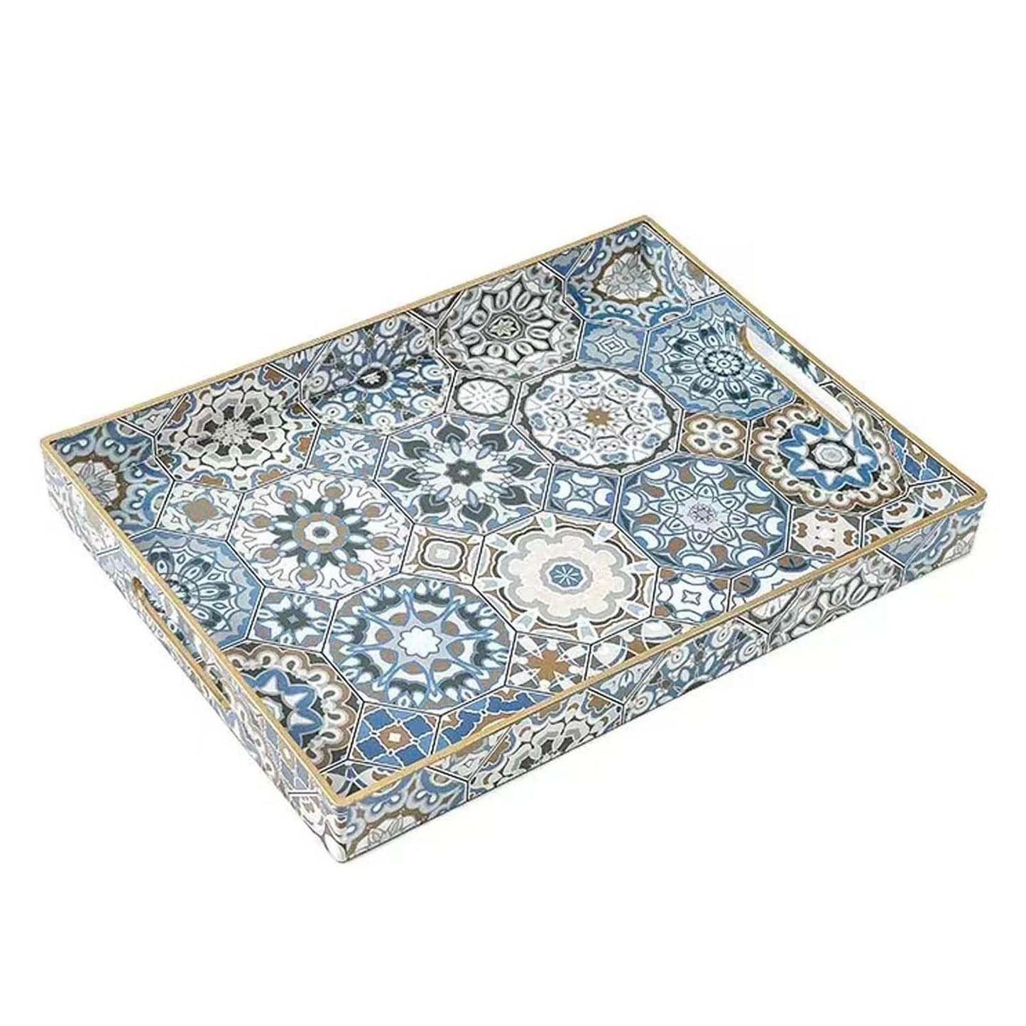 Fuukou Large Serving Tray with Handles,Rectangle Plastic Serving Tray,Bohemian Blue Ottoman Trays Coffee Table Trays for Living Room,Decorative Tray for Coffee Table 16" x 12"