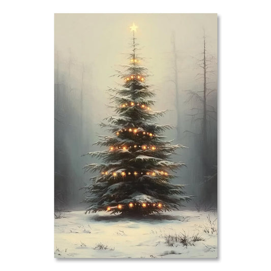 Snowy Christmas Tree Wall Art Rustic Winter Holiday Canvas Print Poster Farmhouse Light-up Xmas Tree Pictures Painting Wall Decor Vintage Neutral Antique Seasonal Decoration 12x18inch Unframed