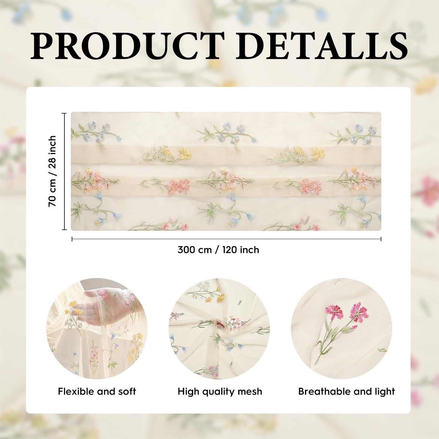 Artoid Mode Wildflower Floral Beige Apricot Gauze Embroidery Table Runner 120 Inch 10FT, Tulle Seasonal Spring Kitchen Dining Table Decor for Home Party