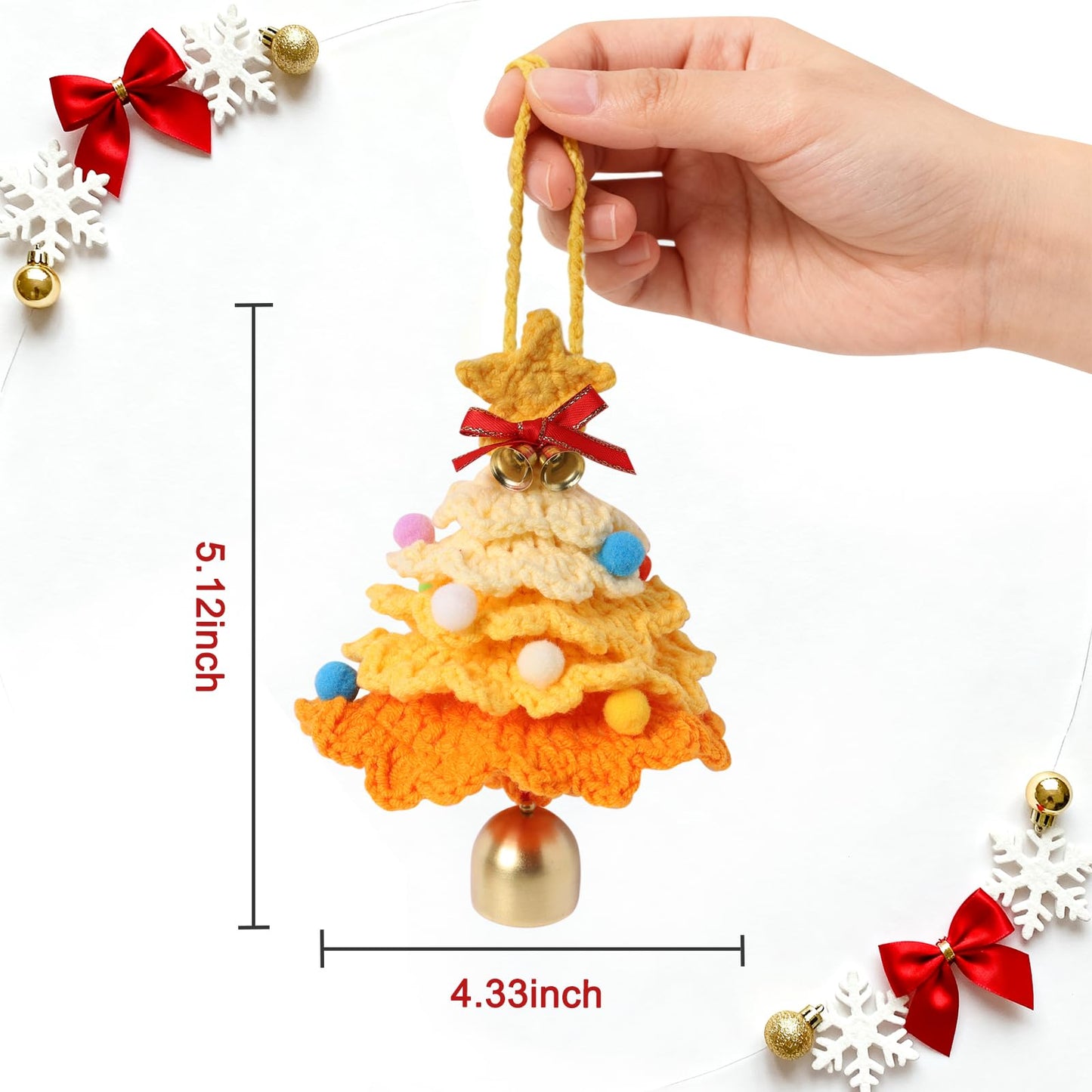 JSSTEM Handmade Crochet Christmas Tree, Hand-Knitted Ornaments Car Pendant with Bells, Stars, Bows & Pom Poms, Cotton Xmas Decor for Holiday Tree, Festive Gift, Home, Car and Party Decor, Yellow