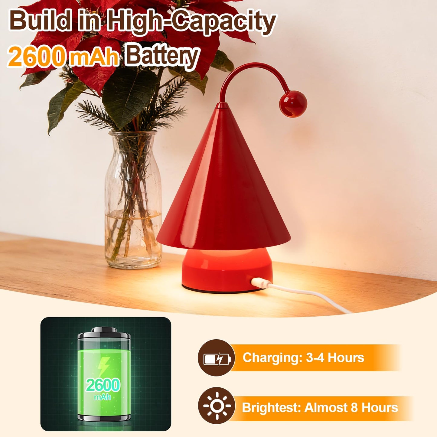 Qeipy Led Lights Cozy Home Decor Cute Christmas Tree Desk Lamp Ambient Lighting,Touch Control, Cordless Rechargeable Battery Operated,for Living Room,Bedroom,Nightstand (Red)