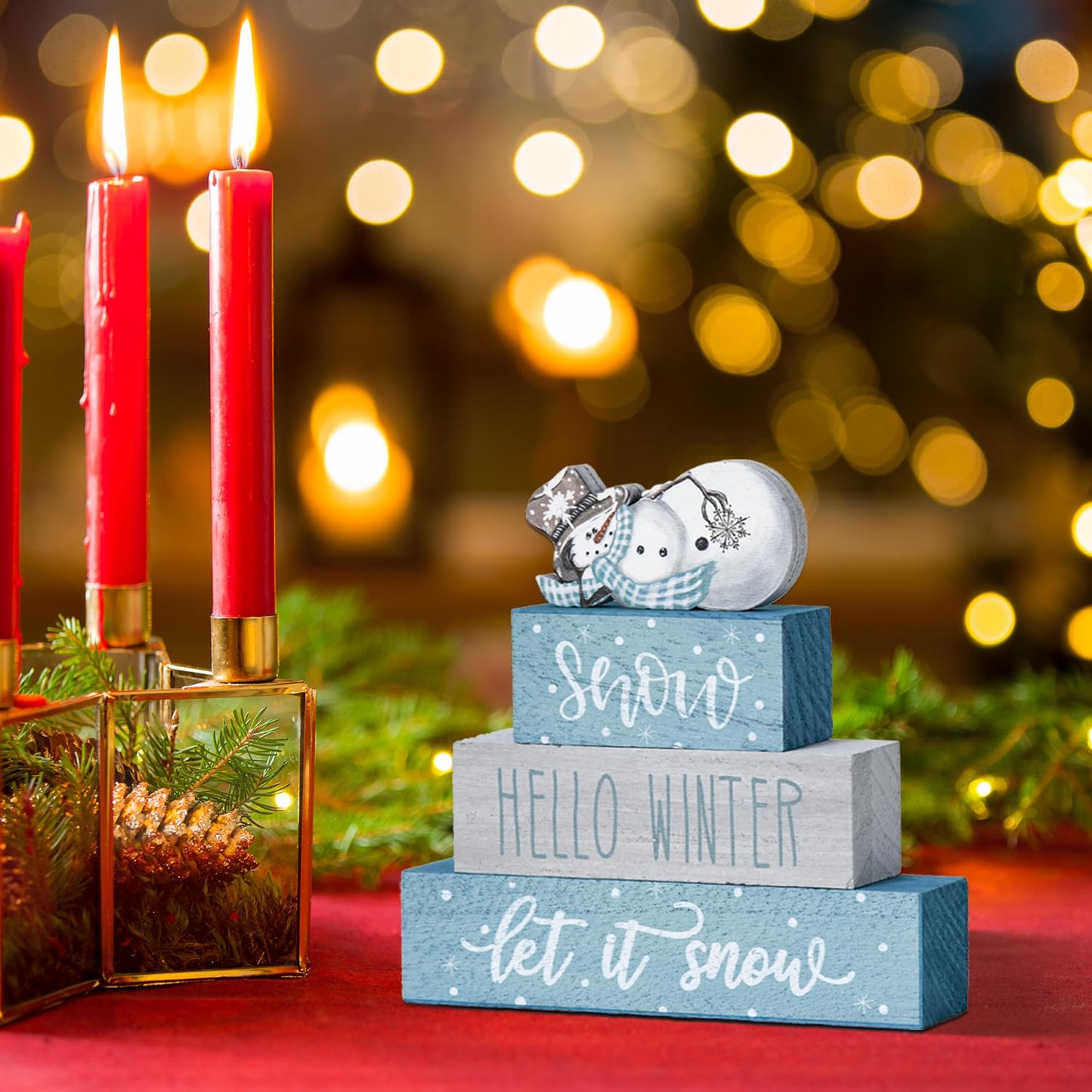 Smile 4 Pcs Christmas Signs, Wooden Tabletop Decor, Let It Snow Hello Winter, Ornaments for Home Shelf Mantel Fireplace.