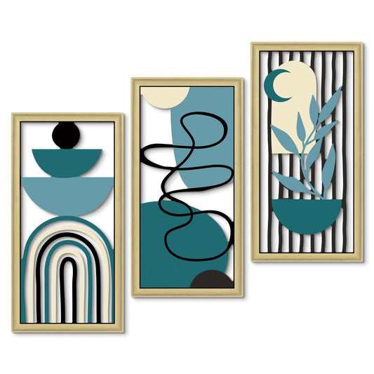 Putuo Decor Boho Wall Art Set of 3 Modern Minimalist Wooden Wall Decor Abstract Geometric Room Decorations Mid Century Artwork for Living Room Bedroom Office in Blue Tones 16.5 x 8.6 Inch