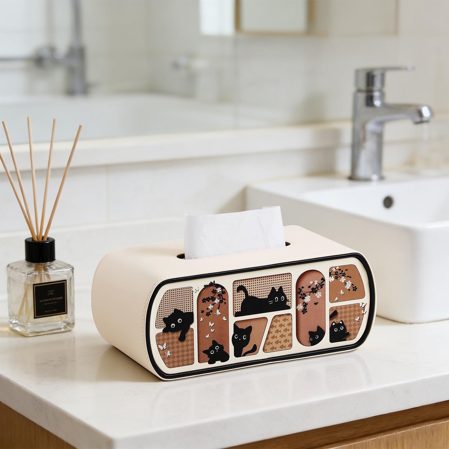MEIBOOCH Cat-Themed Tissue Box Cover with Curved Edge, Rectangle Tissue Box Holder for up to 4 Inches High Boxes (Beige)