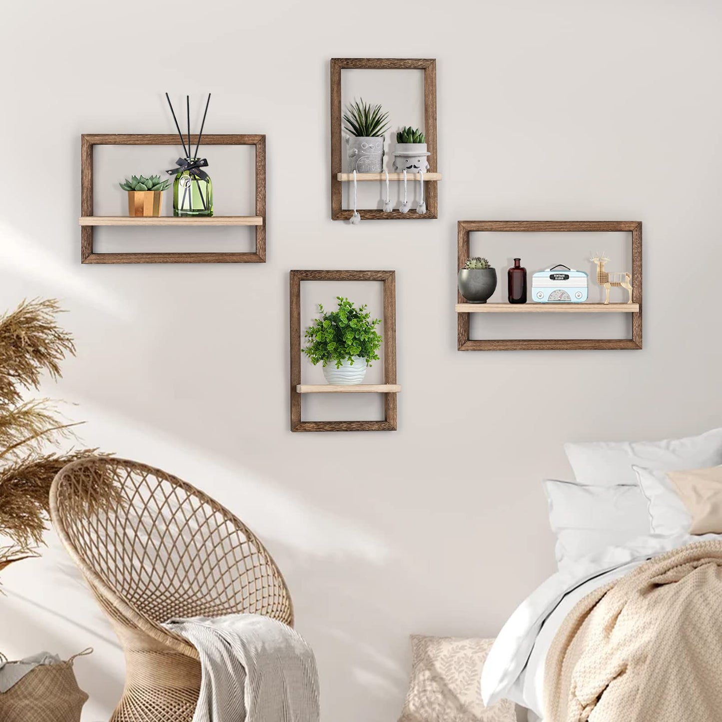 idee-home Floating Shelves for Wall, Rustic Square Hanging Floating Shelves Set of 4 Wood, Wall Decor Mounted Bathroom, Living Room, Kitchen Storage