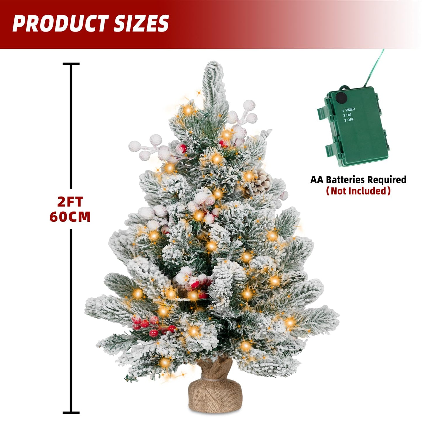 ININ 2FT Pre-lit Mini Christmas Snow Flocked Tree,Tabletop Artificial Christmas Tree with LED Lights, Small Xmas Pine Tree with Cloth Bag Base for Christmas Decor,12 Clusters Berry & 8 Pinecones