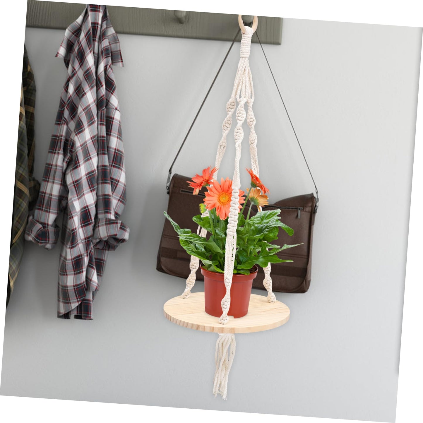 SOLUSTRE Boho Macrame Hanging Shelf Tassels Natural Wood Floating Plant Pot Holder for Indoor Wall Decor 24 Diameter Cotton Rope Design for Flower Pots and Home Decoration