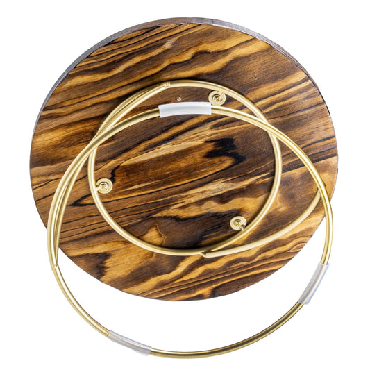 MyGift 11-Inch Round Pizza Pan Pedestal Stand – Rustic Burnt Wood with Gold Tone Metal Wire Base Display Riser, Ideal for Wedding, Party, Dessert, Cake, Cupcake, and Pie Display