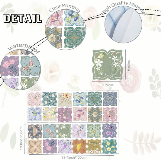 OLMIXA Vintage Tile Wall Decals -24pcs 6x6 inch Moroccan Style Talavera Backsplash Tiles Wall Stickers - Vinyl Retro Mexican Flower Spring Wall Art for Kitchen Bathroom Stairway Decor