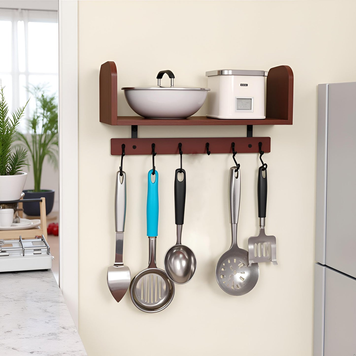 RichArrive Selling at a Loss Promotion,Wooden Shelf with Hooks - Multipurpose Organizer for Kitchen, Books, Kitchen Shelf - Wall Mounted Natural Wood Storage Rack for Home，Floating Book Shelves