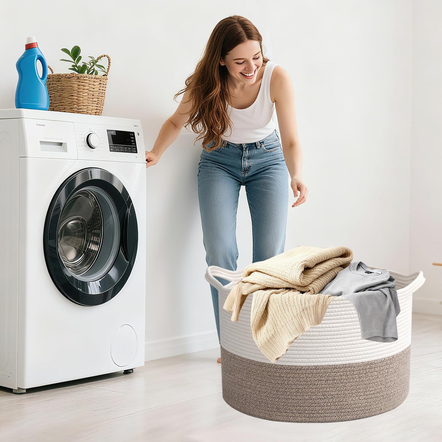 HZFTJOY Large Woven Blanket Basket,65L Cotton Rope Laundry Basket Hamper with Handles, Decorative Nursery Basket Storage Bin for Toys, Clothes Organizer, Living Room, Bedroom, Bathroom, White & Brown
