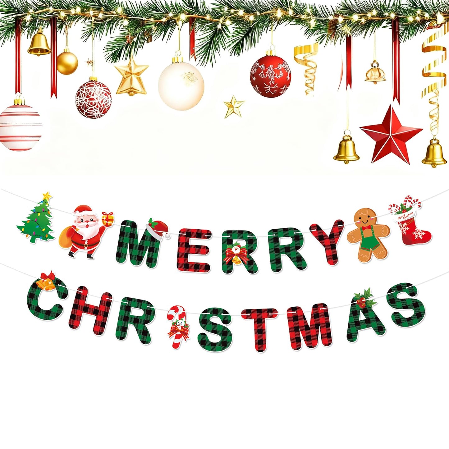 Merry Christmas Banner,Pre-Strung Red Green Buffalo Plaid Christmas Banner, Gingerbread Xmas Tree Garland Sign for Christmas Party Decorations,Indoor,Home, Office,Fireplace,Wall,Windows,Holiday Decor
