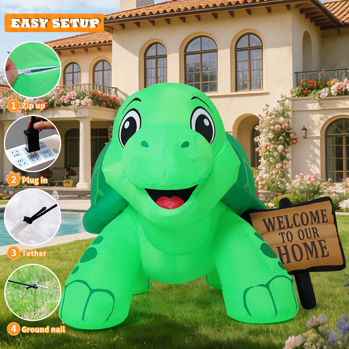 GOOSH 5 FT Long Spring Tortoise Inflatable Outdoor Decoration Blow Up Yard with Welcome Sign Built-in LEDs for Indoor Party Garden Lawn Decor