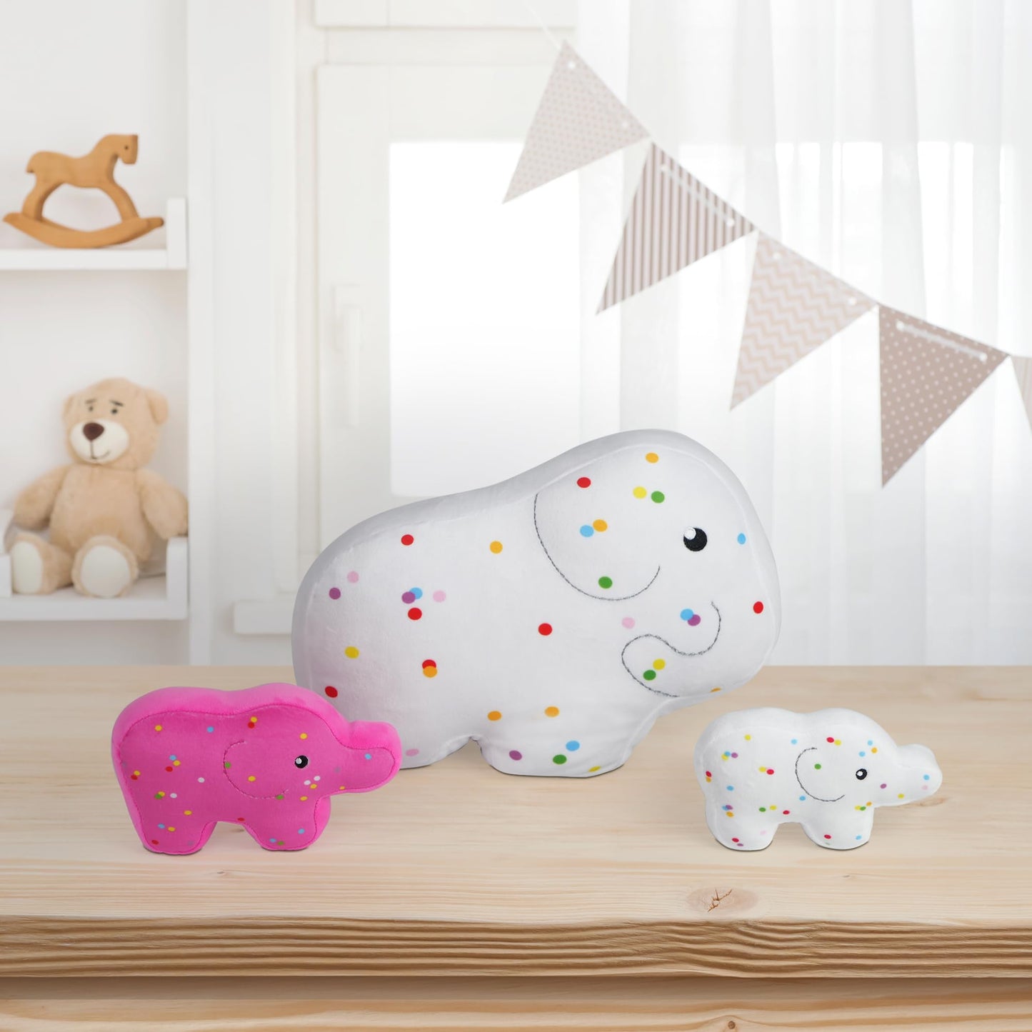 BenBen Cookies Plush Toys, 13.75”, 7.5” and 6.25” Cute Elephant Family Stuffed Animal, Kawaii Food Plushies, Fun Decorative Pillows for Room Décor, Set of 3, White and Hot Pink