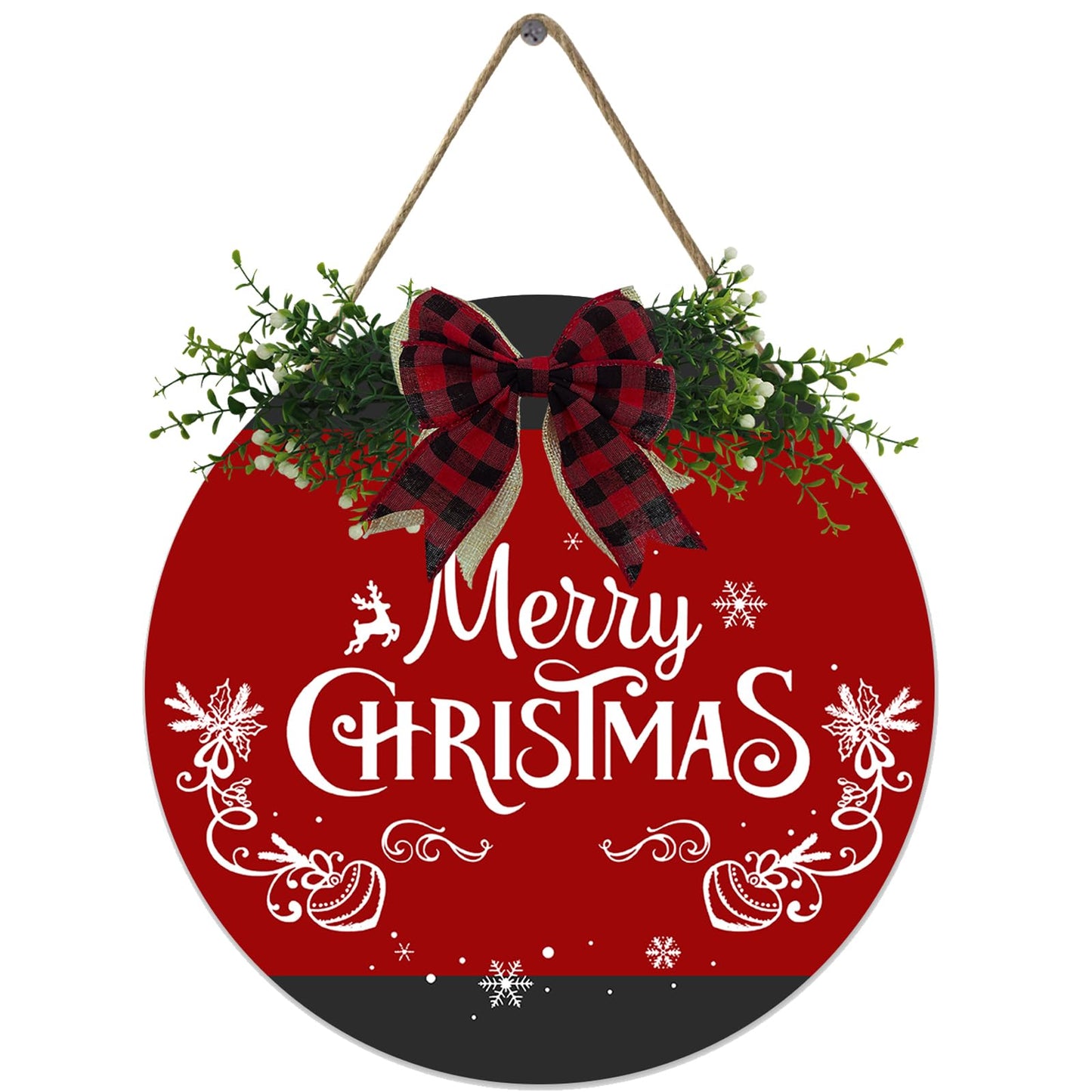 Fenarenes Christmas Welcome Sign for Front Door Decorations Hanging - Christmas Round Wood Sign with Bow for Farmhouse Outdoor Wall Home Decor 12x12 In
