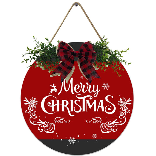 Fenarenes Christmas Welcome Sign for Front Door Decorations Hanging - Christmas Round Wood Sign with Bow for Farmhouse Outdoor Wall Home Decor 12x12 In